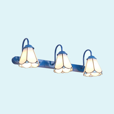 Conical Vanity Light Fixture Tiffany White/Blue Glass 3 Heads Wall Mount Light for Bathroom