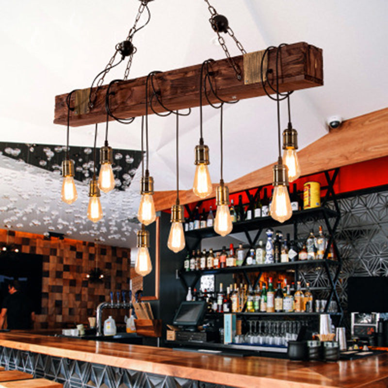 Linear Island Lighting Wood Retro Industrial Style Pendant Lighting Fixtures for Restaurant
