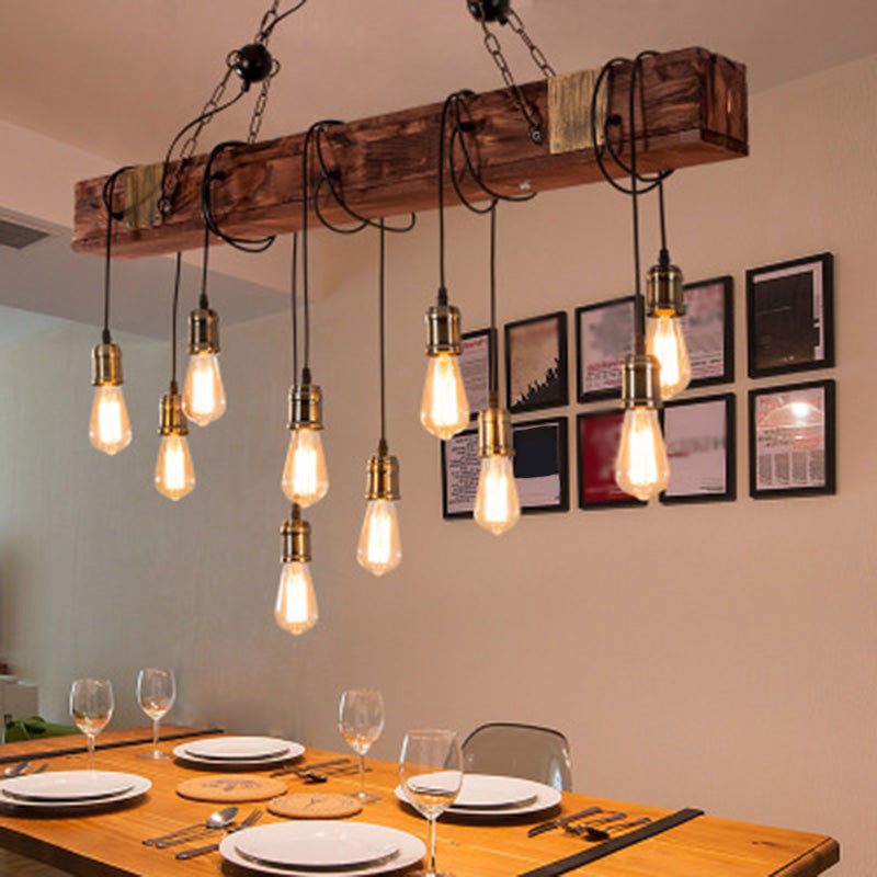 Linear Island Lighting Wood Retro Industrial Style Pendant Lighting Fixtures for Restaurant