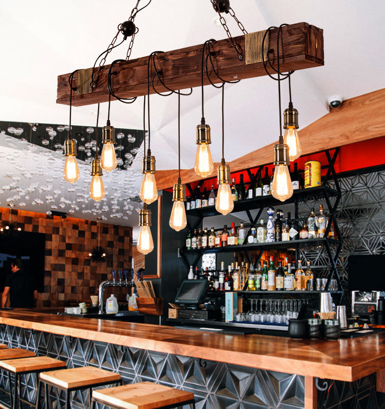 Linear Island Lighting Wood Retro Industrial Style Pendant Lighting Fixtures for Restaurant