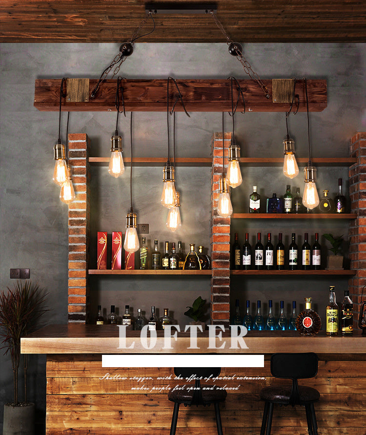 Linear Island Lighting Wood Retro Industrial Style Pendant Lighting Fixtures for Restaurant