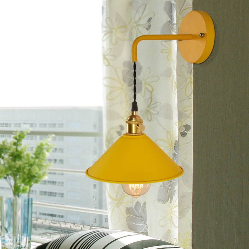 1-Lights Macaroon Style Simplicity Wall Lamp Metal Cone Shade Bedroom Sconce Light with Brass Rotary Switch