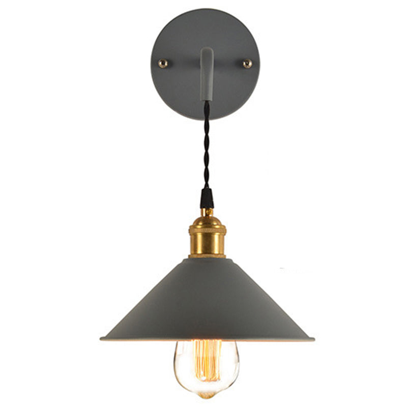 1-Lights Macaroon Style Simplicity Wall Lamp Metal Cone Shade Bedroom Sconce Light with Brass Rotary Switch