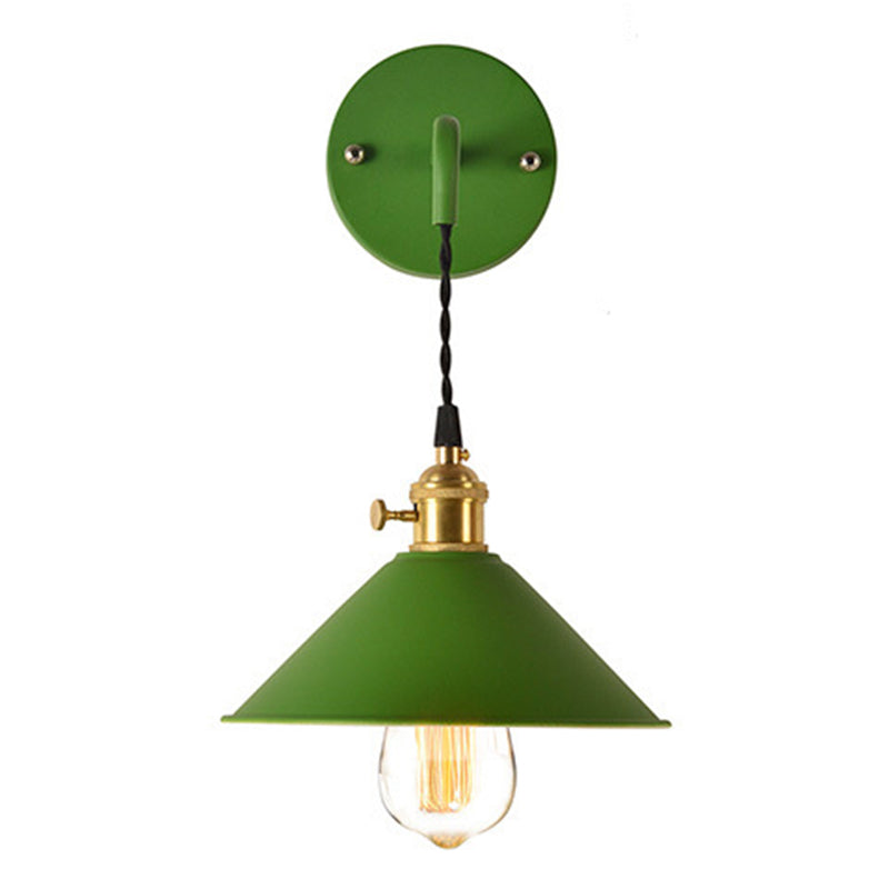 1-Lights Macaroon Style Simplicity Wall Lamp Metal Cone Shade Bedroom Sconce Light with Brass Rotary Switch