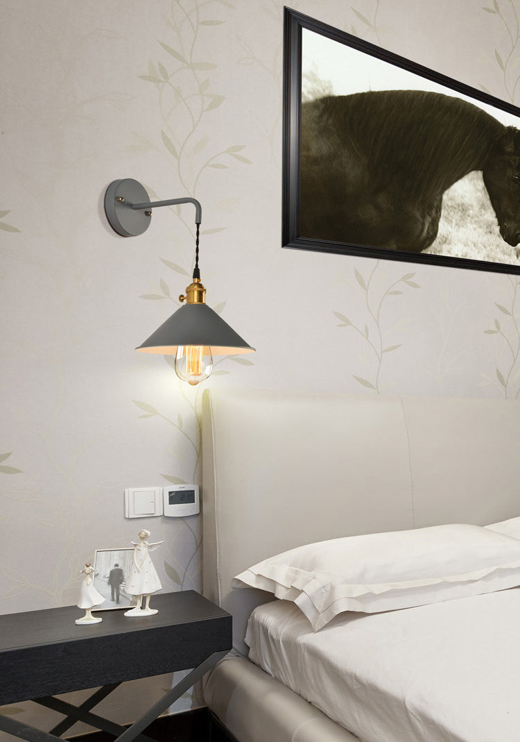 1-Lights Macaroon Style Simplicity Wall Lamp Metal Cone Shade Bedroom Sconce Light with Brass Rotary Switch