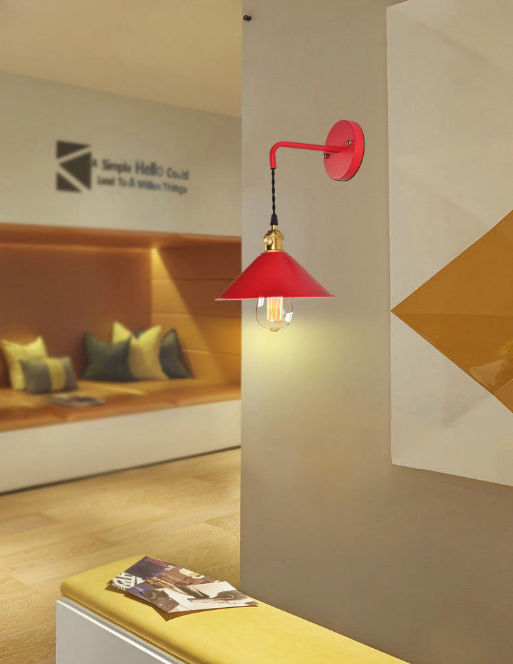 1-Lights Macaroon Style Simplicity Wall Lamp Metal Cone Shade Bedroom Sconce Light with Brass Rotary Switch