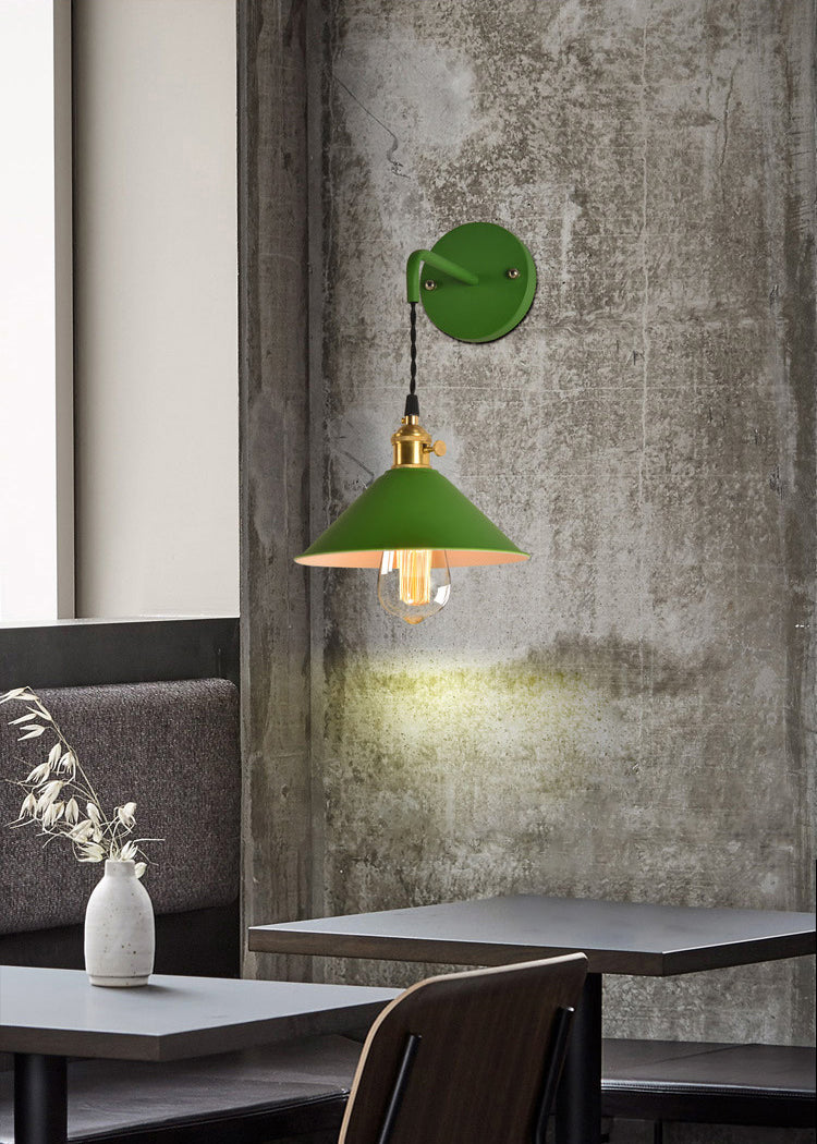 1-Lights Macaroon Style Simplicity Wall Lamp Metal Cone Shade Bedroom Sconce Light with Brass Rotary Switch