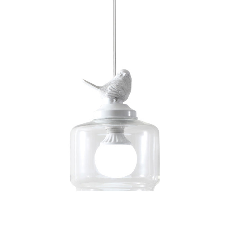 Jar-shaped Transparent Glass Hanging Light Nordic Simplicity Bedroom Lighting Pendant with Resin Bird Decoration