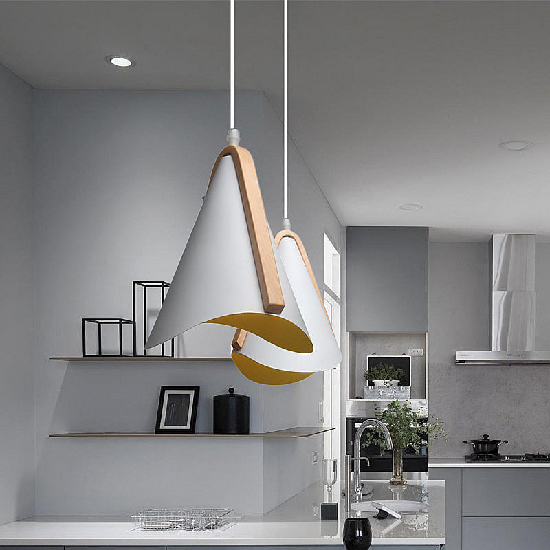 Lámpara de suspensión de diseño de metal de grano de madera nórdica de estilo nórdico de 1 luces en blanco