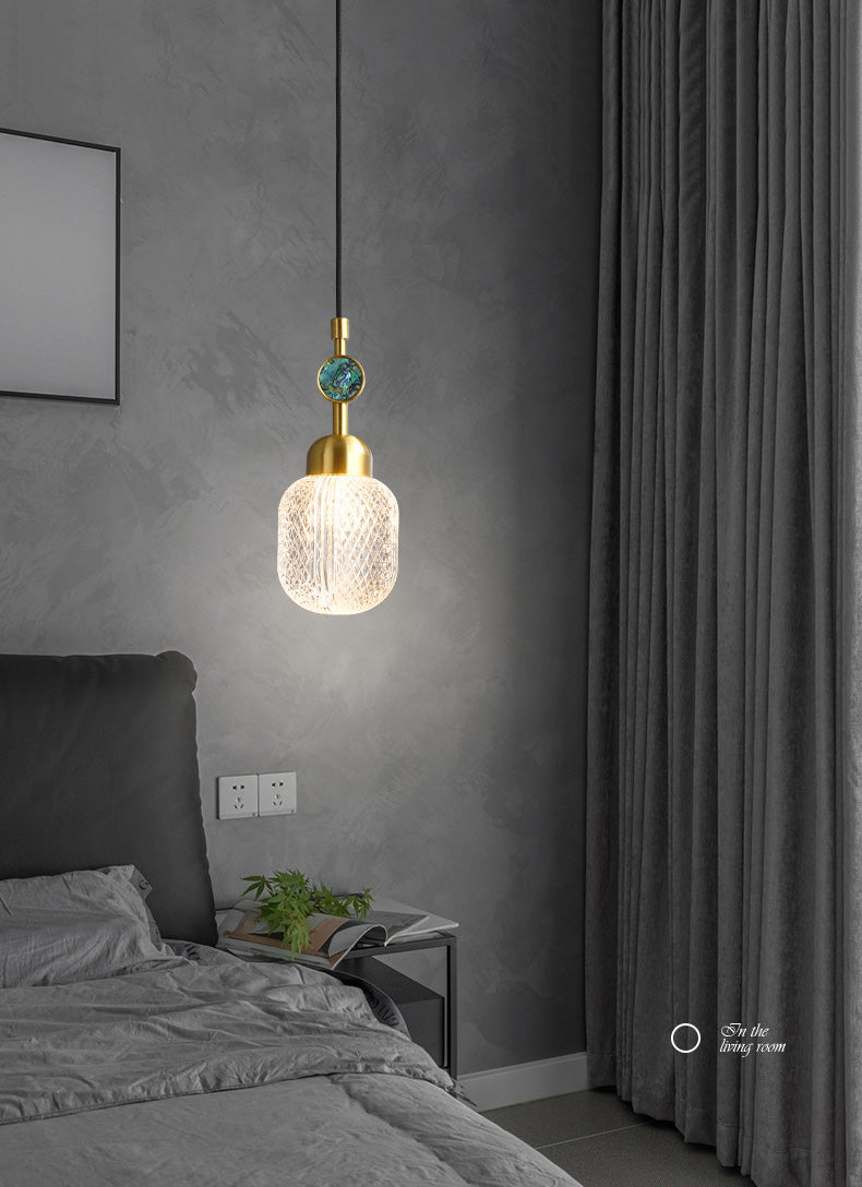 Iluminación ovalada de vidrio de red transparente posmoderno 1 cabeza colgante de latón para dormitorio