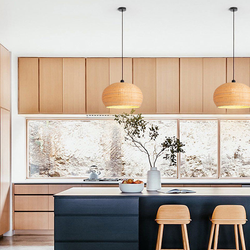 Hand-worked Natural Bamboo Drop Lamp Minimalist 1-Light Beige Pendant Light for Bedroom