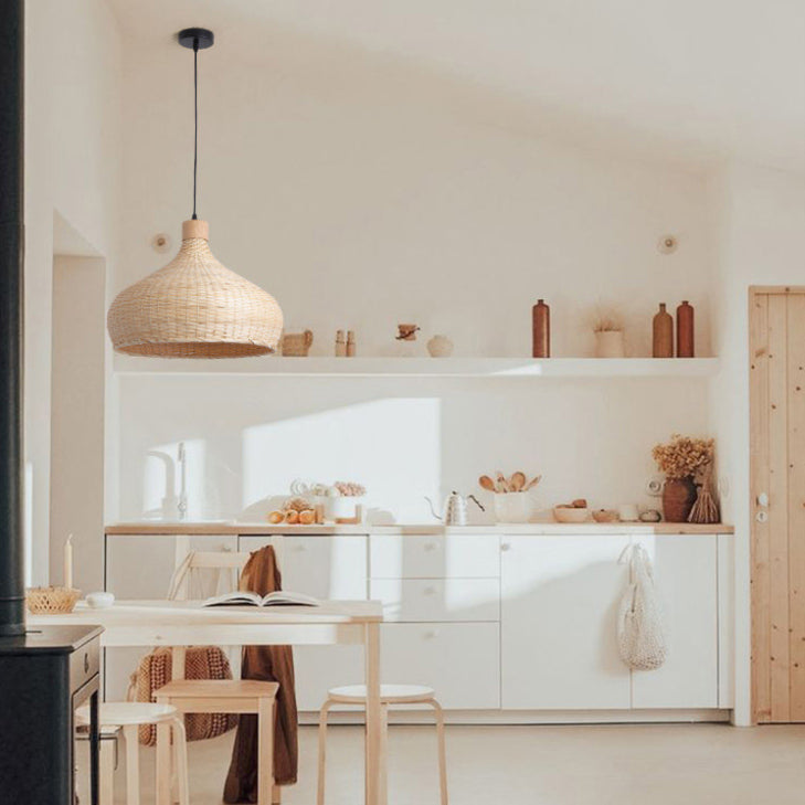 Hand-worked Natural Bamboo Drop Lamp Minimalist 1-Light Beige Pendant Light for Bedroom