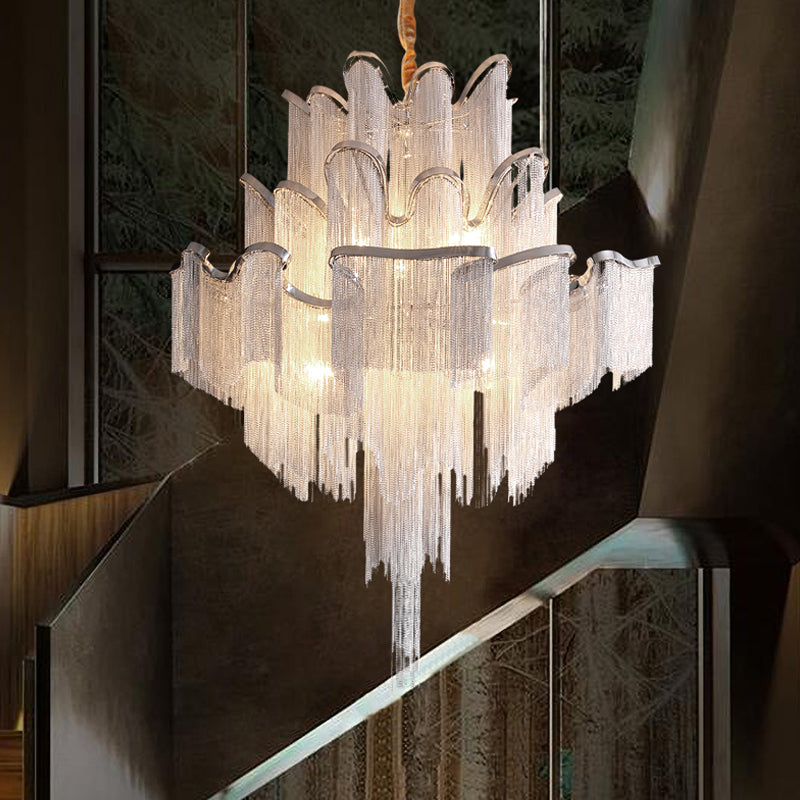 Silver Geometric LED Hanging Lamp Modern Style Tassel Indoor Ceiling Light with Aluminium Chain