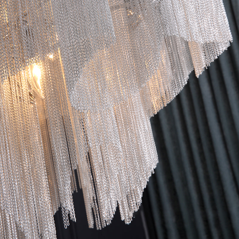 Silver Geometric LED Hanging Lamp Modern Style Tassel Indoor Ceiling Light with Aluminium Chain