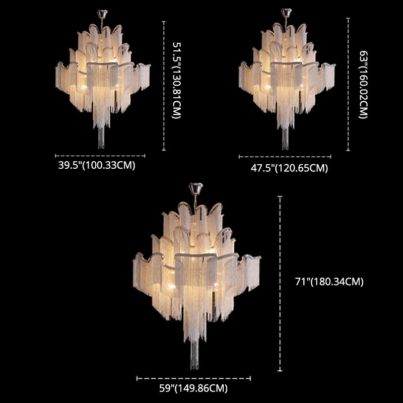 Silver Geometric LED Hanging Lamp Modern Style Tassel Indoor Ceiling Light with Aluminium Chain