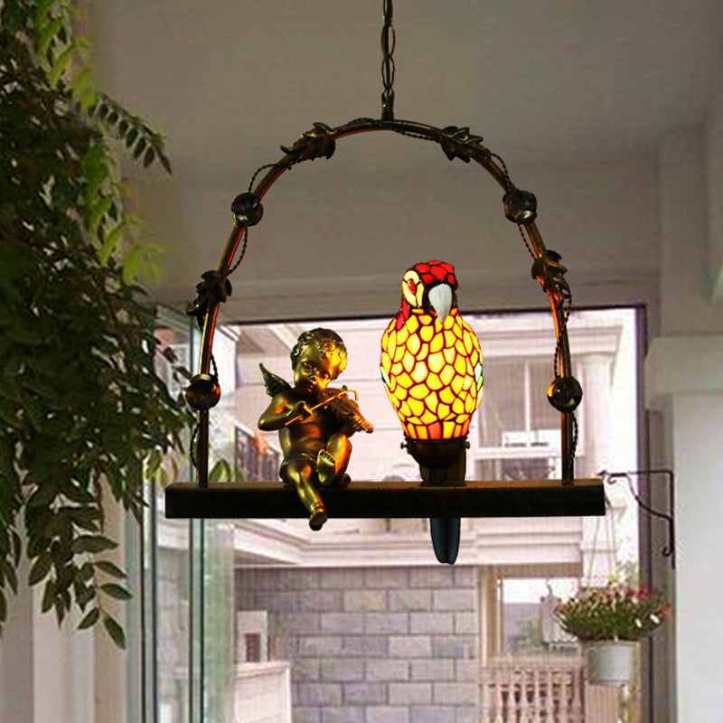 Luce a sospensione in ferro battuto nella luce del soffitto in vetro per pappagallo in stile artistico Tiffany per corridoio