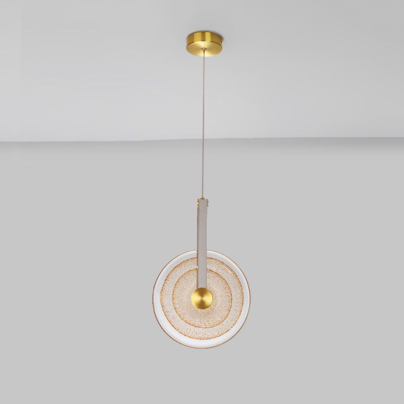Messing schijf suspensie licht postmoderne getextureerde glazen led-droplamp met lederen band
