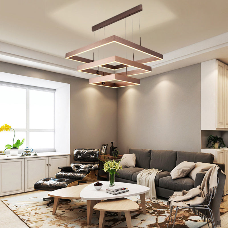 Minimalist Squared Hanging Ceiling Light Metal Living Room LED Chandelier Pendant Light in Coffee
