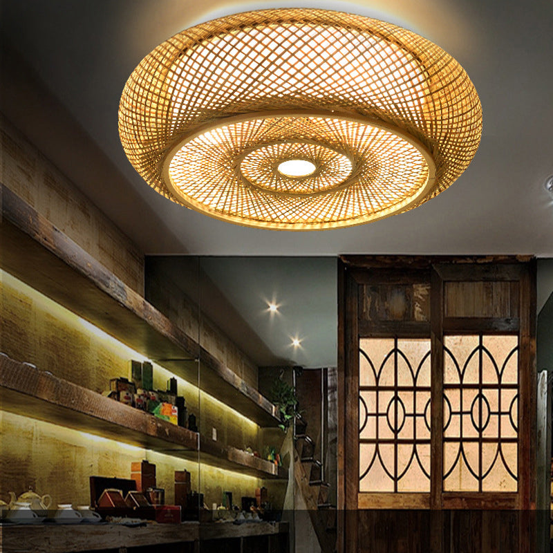 Bamboo Beige Flush Mount Ceiling Fixture Round Asian Flush Mount Ceiling Light Fixture