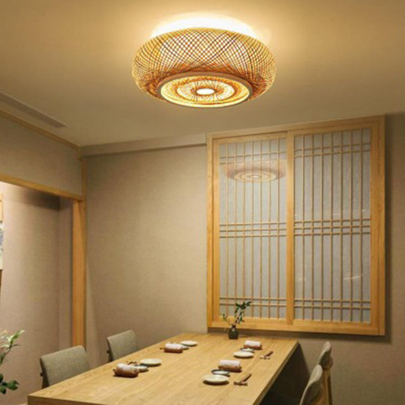 Bamboo Beige Flush Mount Ceiling Fixture Round Asian Flush Mount Ceiling Light Fixture