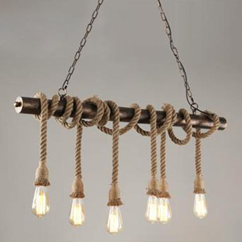 Brown Coffee Shop Island Pendant Light in Industrial Classic Style Wrought Iron Ceiling Light with Hemp Rope