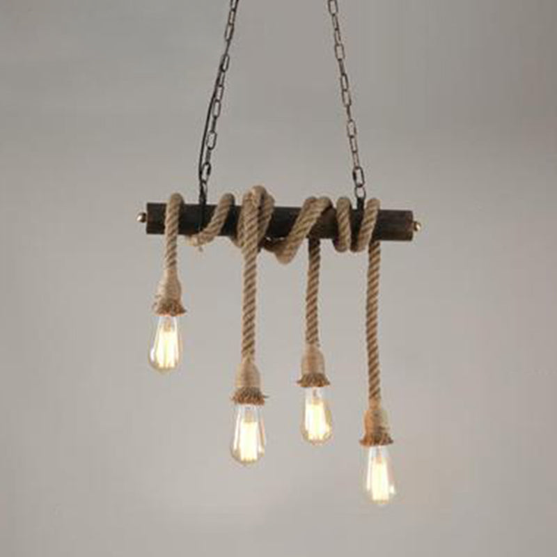 Brown Coffee Shop Island Pendant Light in Industrial Classic Style Wrought Iron Ceiling Light with Hemp Rope