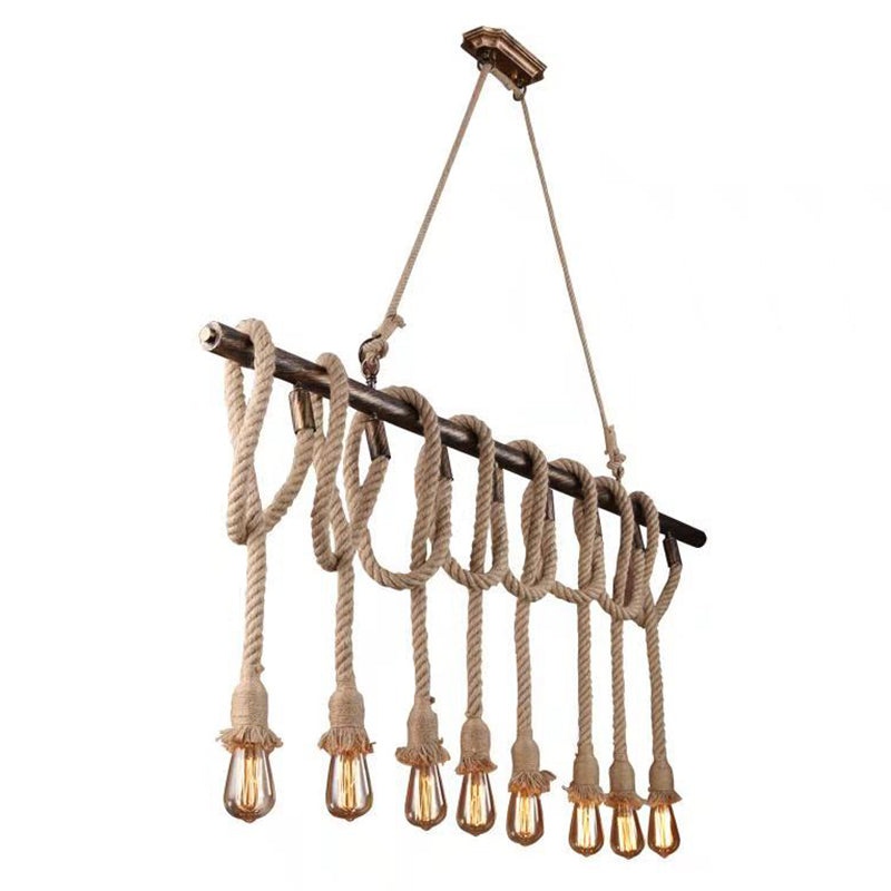 Brown Coffee Shop Island Pendant Light in Industrial Classic Style Wrought Iron Ceiling Light with Hemp Rope