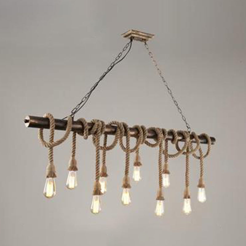 Brown Coffee Shop Island Pendant Light in Industrial Classic Style Wrought Iron Ceiling Light with Hemp Rope