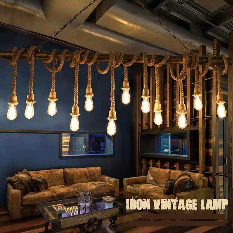 Brown Coffee Shop Island Pendant Light in Industrial Classic Style Wrought Iron Ceiling Light with Hemp Rope