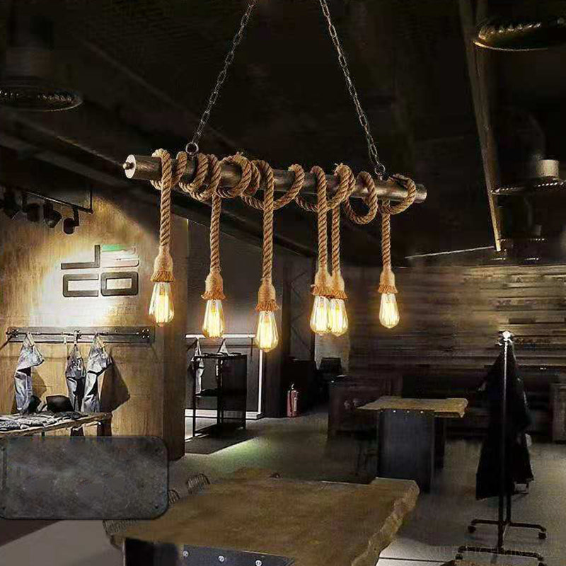 Brown Coffee Shop Island Pendant Light in Industrial Classic Style Wrought Iron Ceiling Light with Hemp Rope
