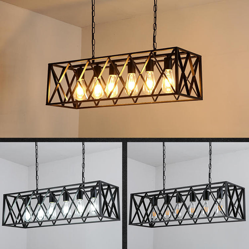 Black Island Pendant Lighting Rustic-Style Metal Cage-Shaped Island Chandelier Light