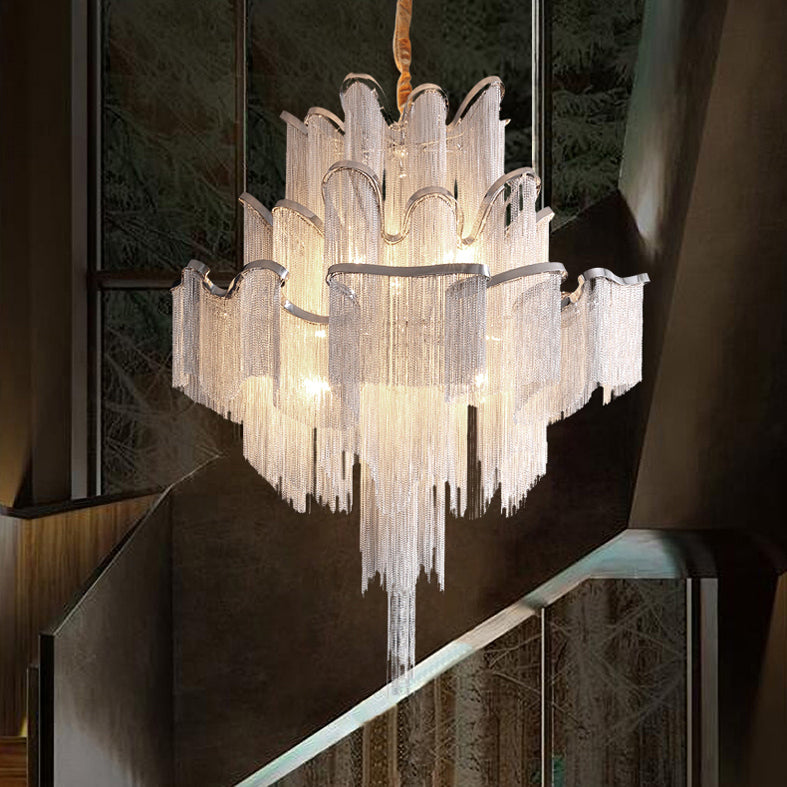 Silver Geometric LED Hanging Lamp Modern Style Tassel Indoor Ceiling Light with Aluminium Chain