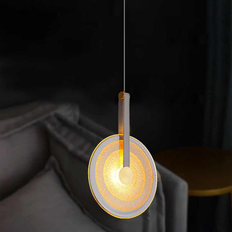 Messing schijf suspensie licht postmoderne getextureerde glazen led-droplamp met lederen band