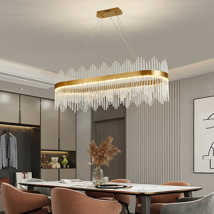 Lampadario dorato contemporaneo LED lineare cristallino su illuminazione dell'isola per soggiorno