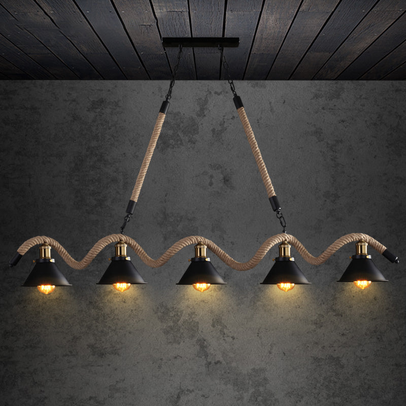 Black Indoor Island Pendant Light in Industrial Vintage Style Wrought Iron Ceiling Light with Hemp Rope