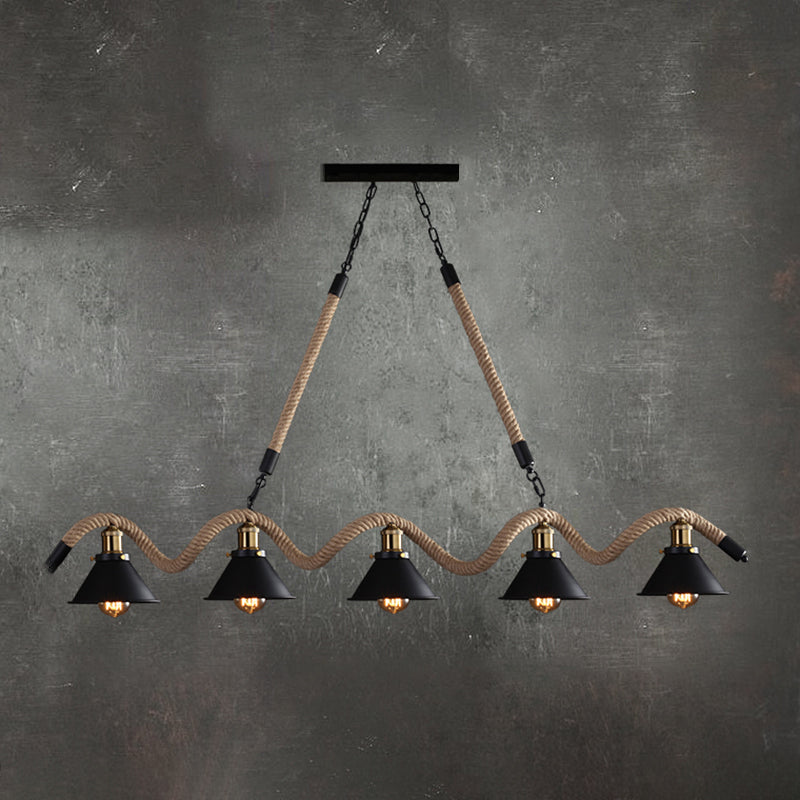 Black Indoor Island Pendant Light in Industrial Vintage Style Wrought Iron Ceiling Light with Hemp Rope