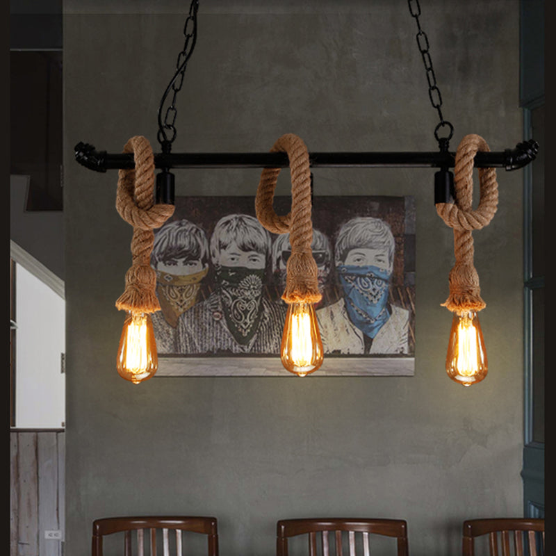 Black Indoor Island Pendant Light in Industrial Vintage Style Wrought Iron Ceiling Light with Hemp Rope