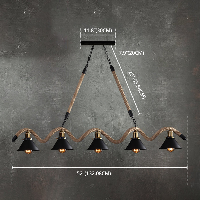 Black Indoor Island Pendant Light in Industrial Vintage Style Wrought Iron Ceiling Light with Hemp Rope