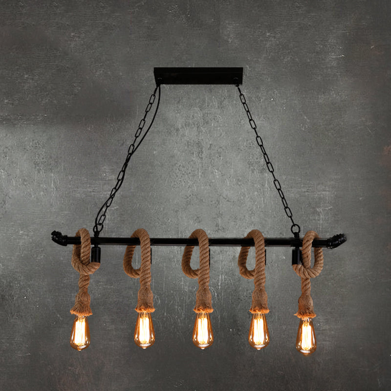 Black Indoor Island Pendant Light in Industrial Vintage Style Wrought Iron Ceiling Light with Hemp Rope