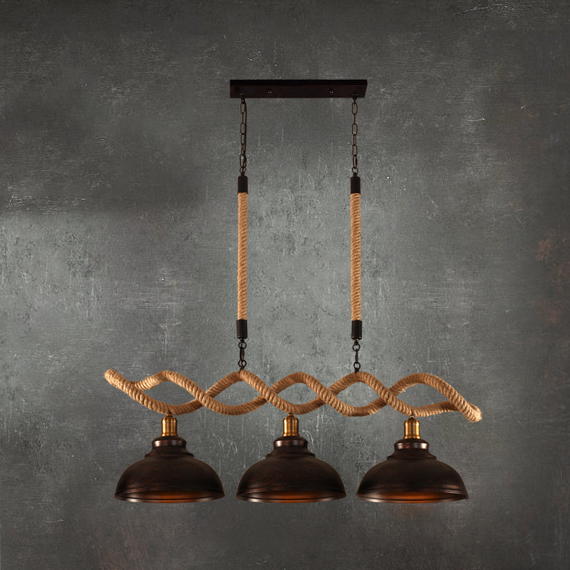 Black Indoor Island Pendant Light in Industrial Vintage Style Wrought Iron Ceiling Light with Hemp Rope