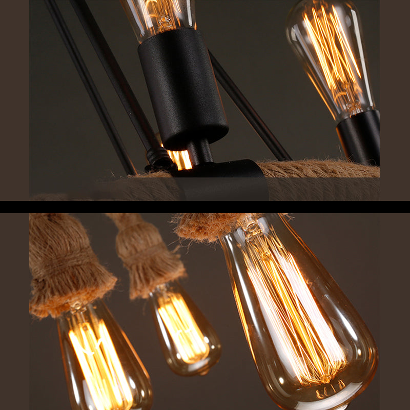 Black Indoor Island Pendant Light in Industrial Vintage Style Wrought Iron Ceiling Light with Hemp Rope