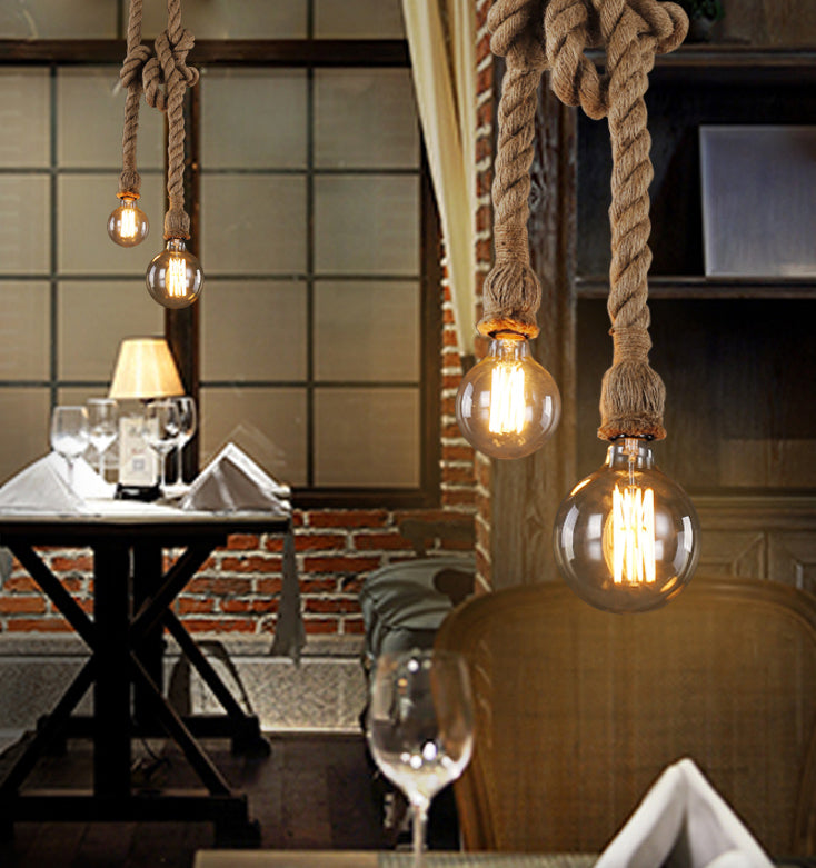 Black Indoor Island Pendant Light in Industrial Vintage Style Wrought Iron Ceiling Light with Hemp Rope