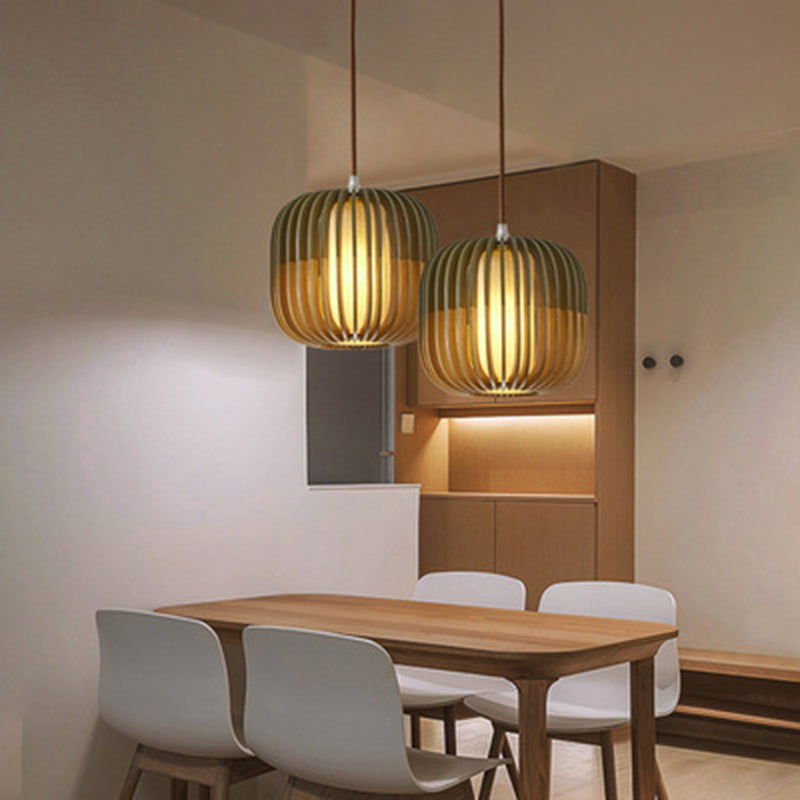Green Color-Block Lantern Pendant Lamp Modern 1 Head Wooden Hanging Light for Dining Room