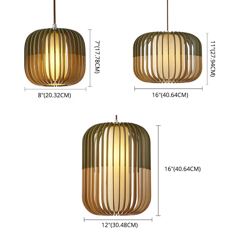 Green Color-Block Lantern Pendant Lamp Modern 1 Head Wooden Hanging Light for Dining Room