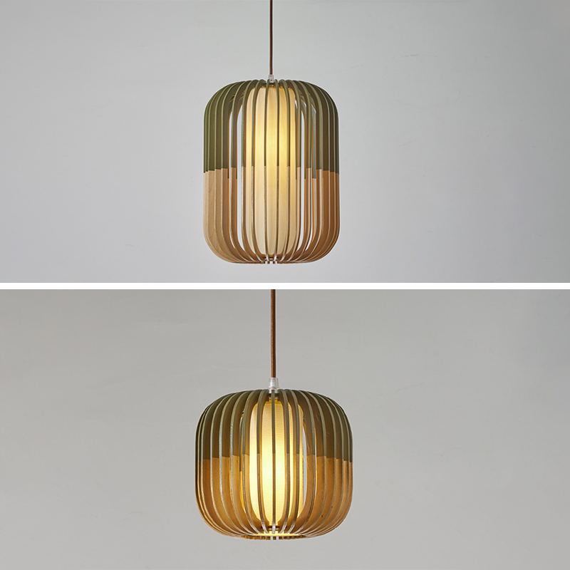 Green Color-Block Lantern Pendant Lamp Modern 1 Head Wooden Hanging Light for Dining Room