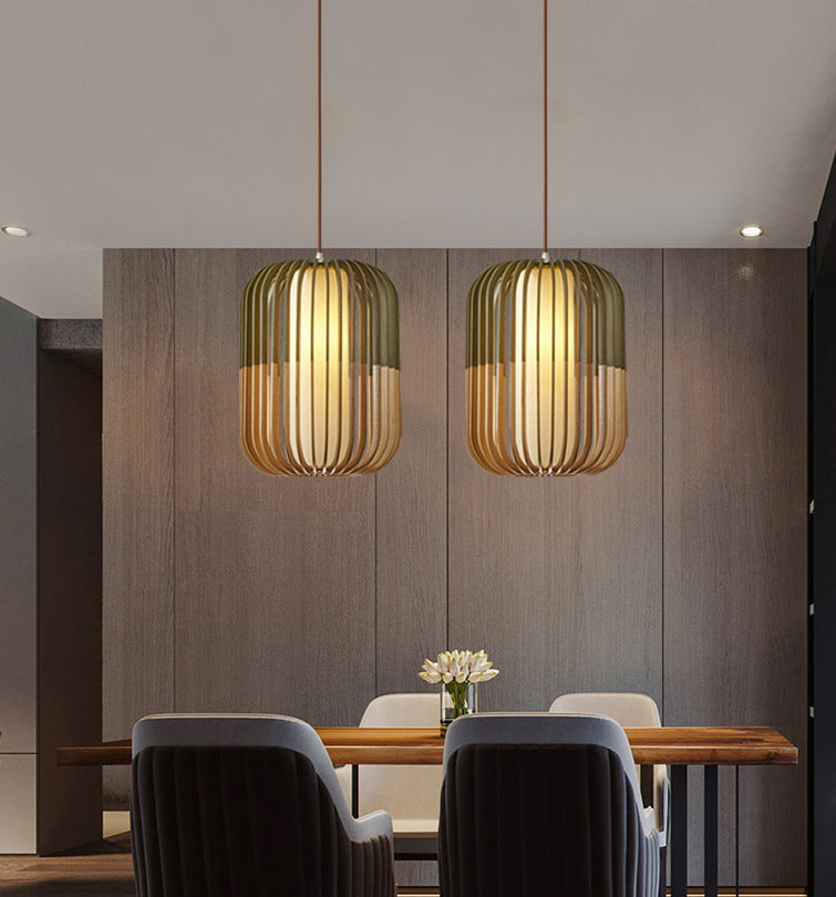 Green Color-Block Lantern Pendant Lamp Modern 1 Head Wooden Hanging Light for Dining Room