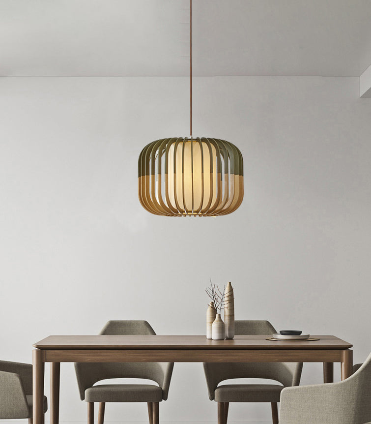 Green Color-Block Lantern Pendant Lamp Modern 1 Head Wooden Hanging Light for Dining Room