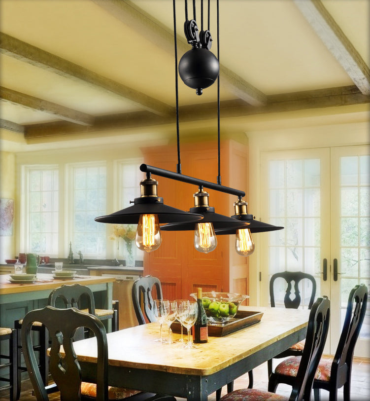 Wrought Iron Black Island Pendant Light in Industrial Classic Style 3-Light Adjustable Pendant Light for Dining Room