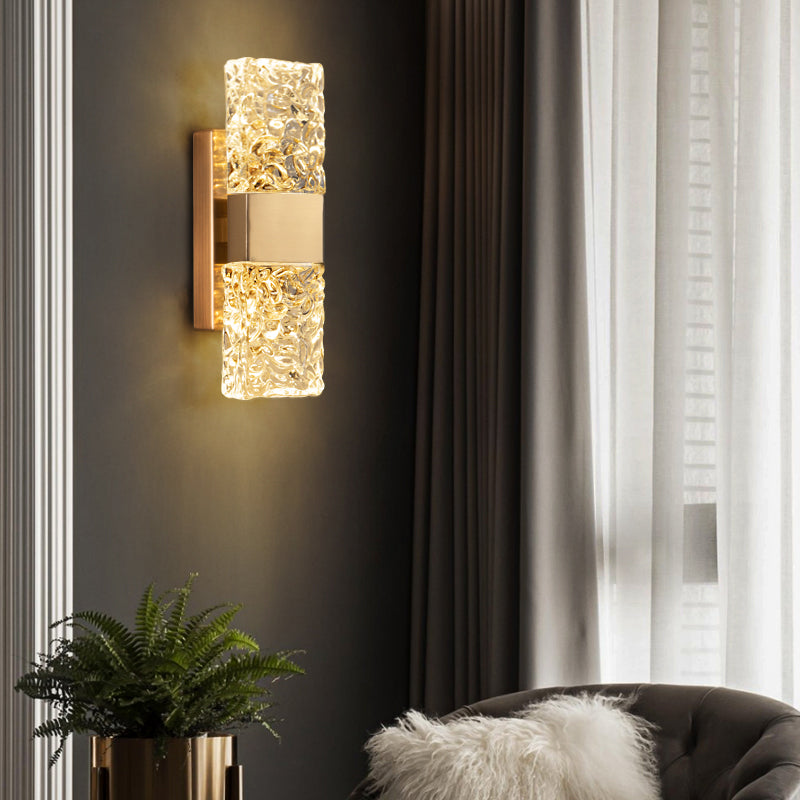 Rectangular Ripple Crystal Indoor Wall Light Postmodern Style Lighting Sconce in Electroplated Gold for Living Room
