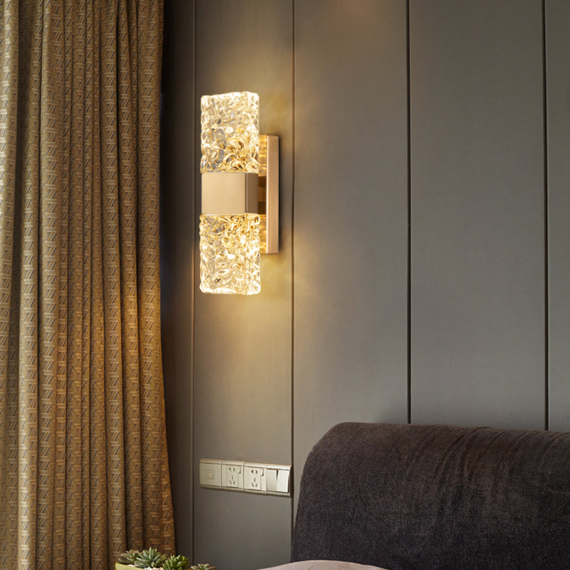 Rectangular Ripple Crystal Indoor Wall Light Postmodern Style Lighting Sconce in Electroplated Gold for Living Room